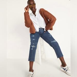 NEW OLD NAVY Blue Distressed High Waisted Button Fly Straight Leg Denim Jeans 10